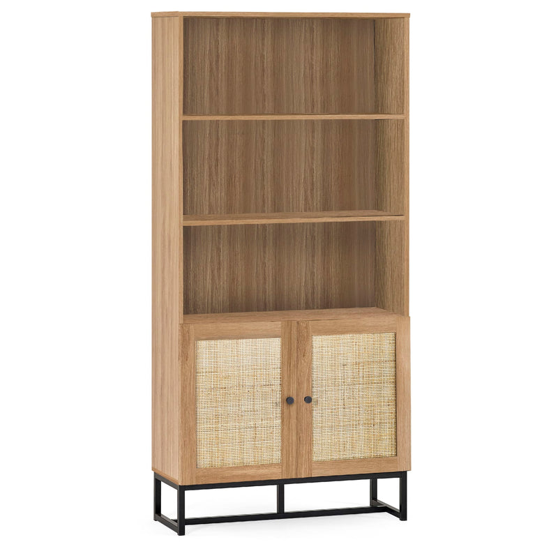 Wooden bookshelf with wicker doors on a white background