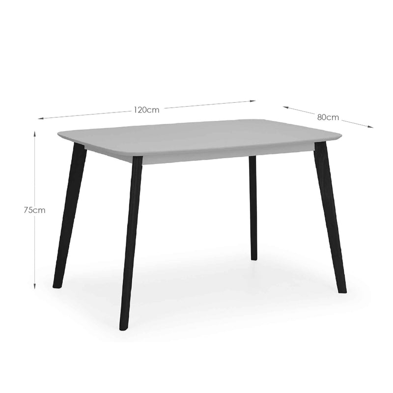 White table with black legs and dimensions labeled on a white background