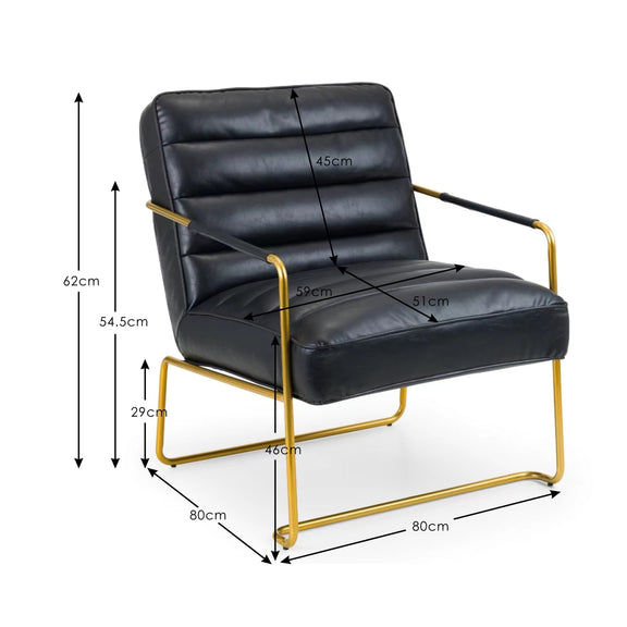 Black leather chair with gold frame and dimensions marked on a white background