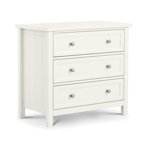 White dresser with three drawers on a white background