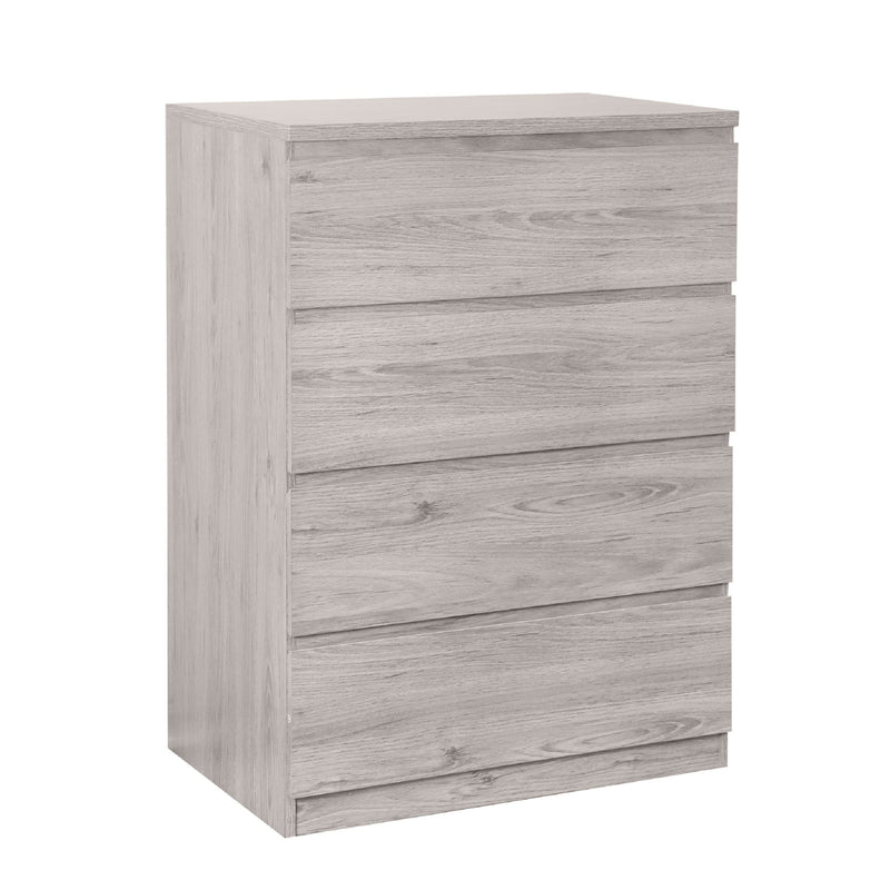 Wooden chest of drawers with a light gray finish on a white background