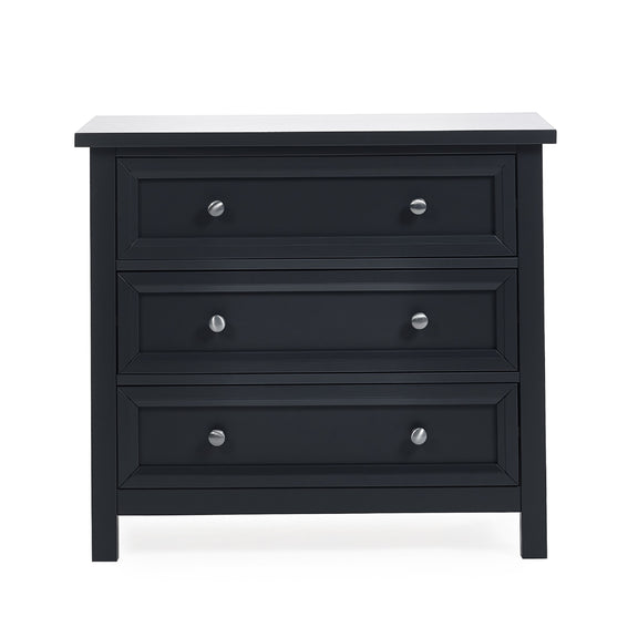 Black dresser with three drawers on a white background
