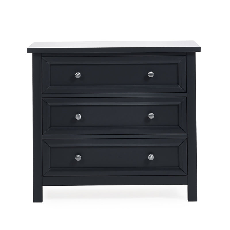 Black dresser with three drawers on a white background