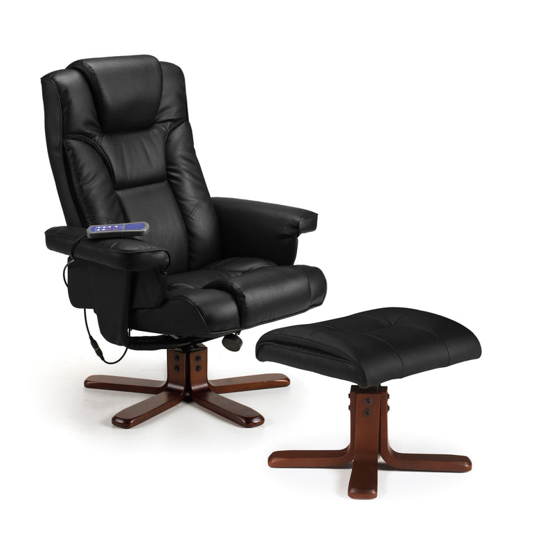 Black leather recliner chair with ottoman on a white background