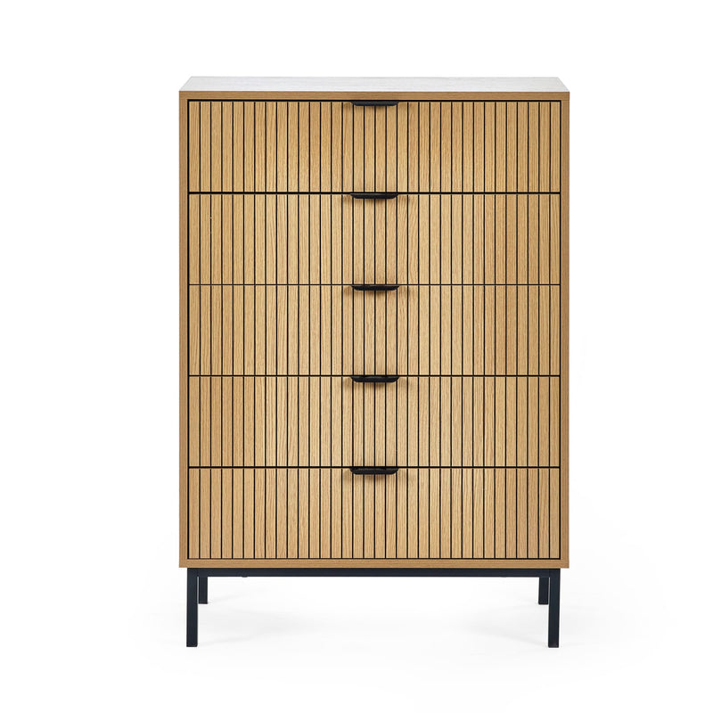 Wooden dresser with horizontal slats on a white background