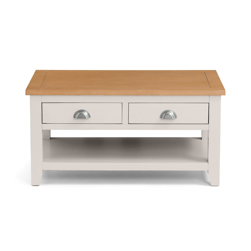 Wooden coffee table with two drawers on a white background