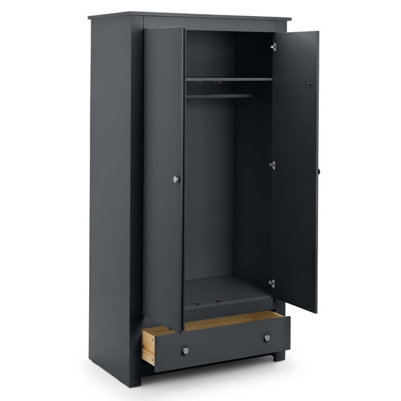 Dark gray wardrobe with open door on a white background