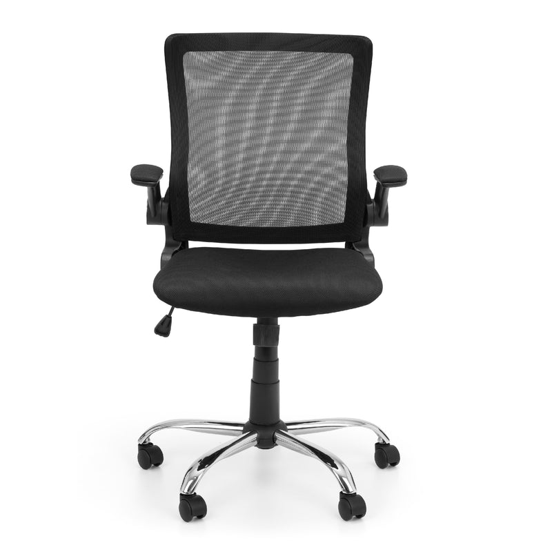 Black office chair with mesh backrest on a white background