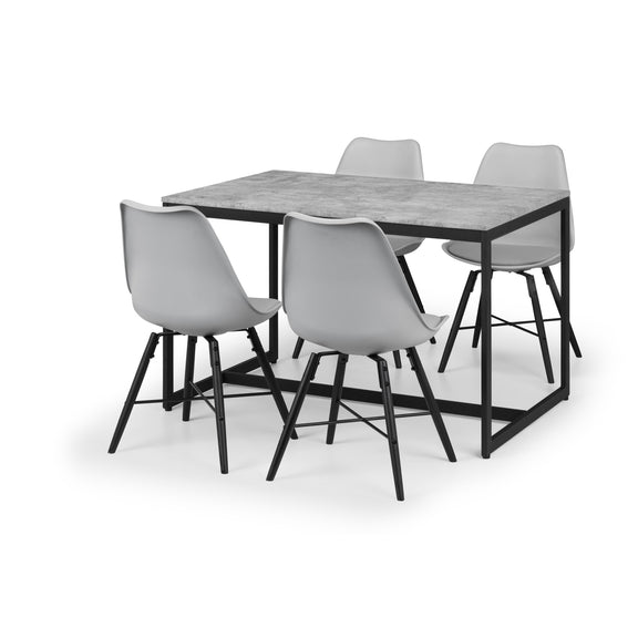 Dining table with four chairs on a white background