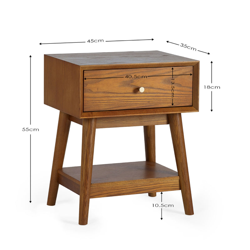 Wooden side table with dimensions labeled