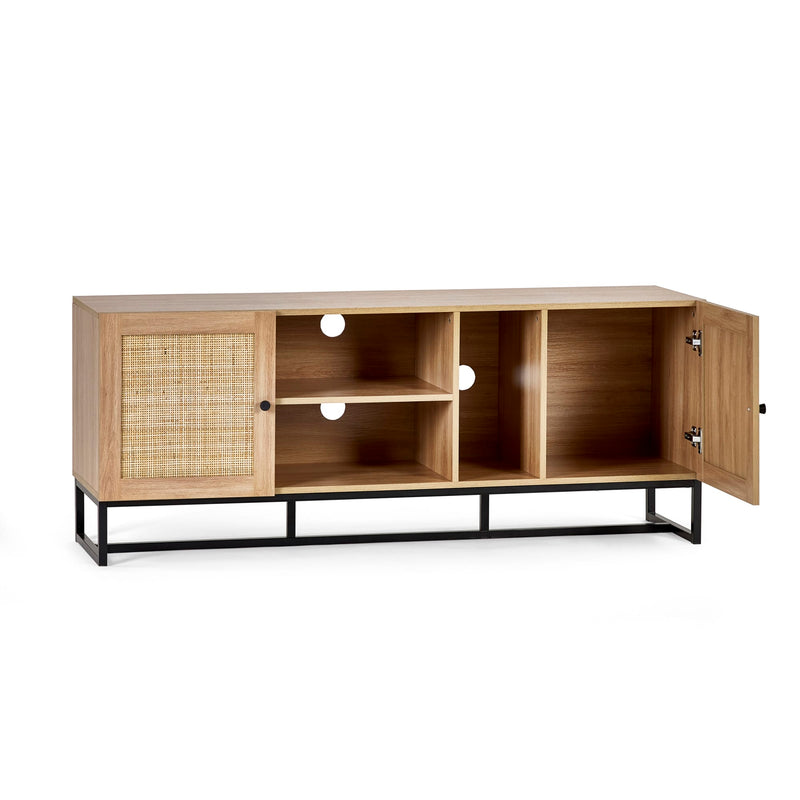 Wooden entertainment console with open doors on a white background