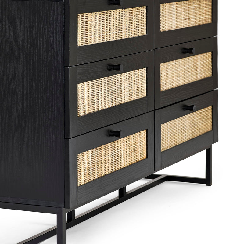 Black dresser with woven drawer fronts on a white background