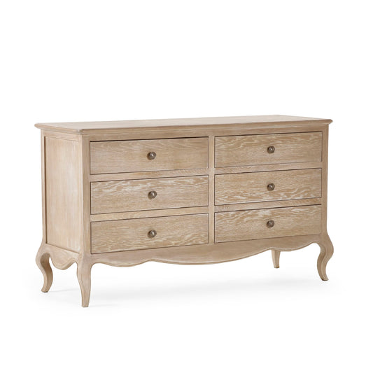 Wooden dresser with six drawers on a white background