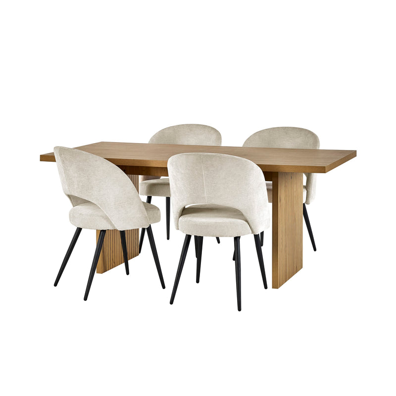 Dining table with four chairs on a white background