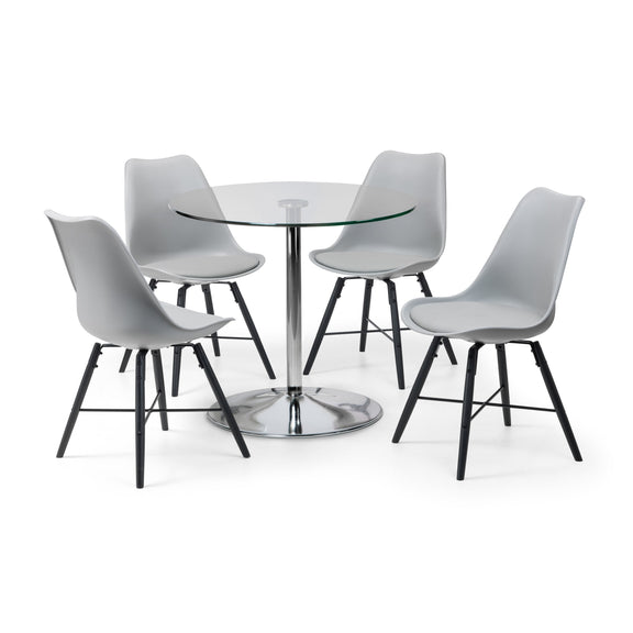 Round glass dining table with four gray chairs on a white background