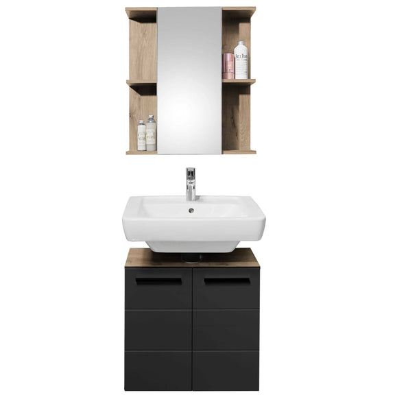 Bathroom vanity with sink and mirror cabinet on a white background
