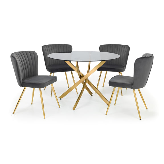 Round glass table with four gray chairs on a white background