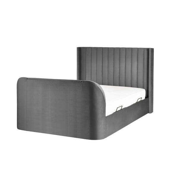 Gray upholstered bed frame on a white background