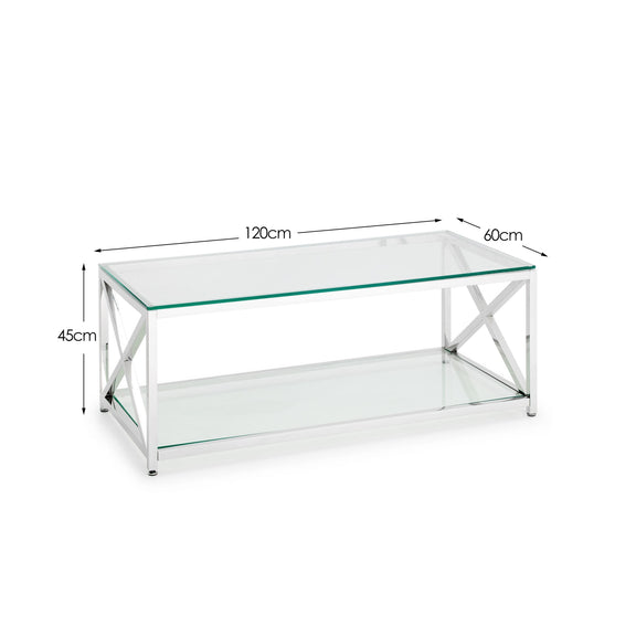 Glass coffee table with metal frame and dimensions labeled on a white background