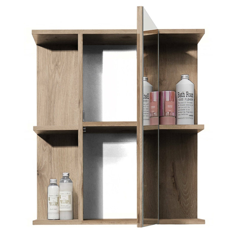 Wooden bathroom cabinet with mirror and toiletries on a white background