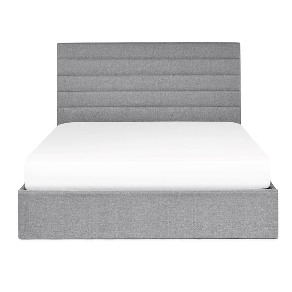 Gray upholstered bed frame with white mattress on a white background
