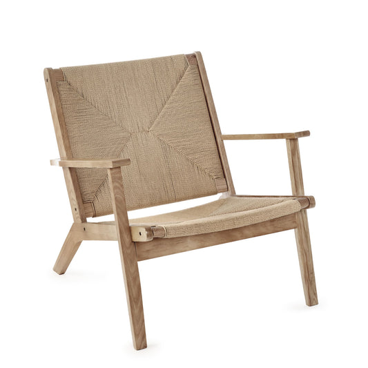Wooden chair with woven backrest on a white background