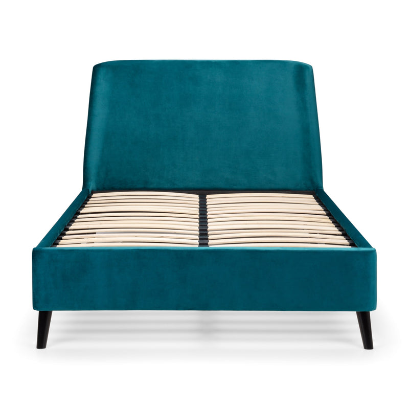 Teal upholstered bed with wooden slats on a white background