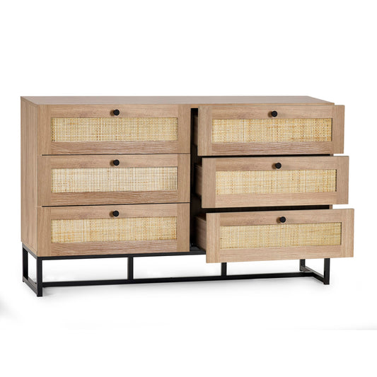 Wooden dresser with woven drawers on a white background
