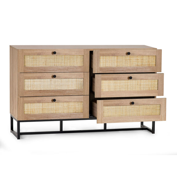 Wooden dresser with woven drawers on a white background