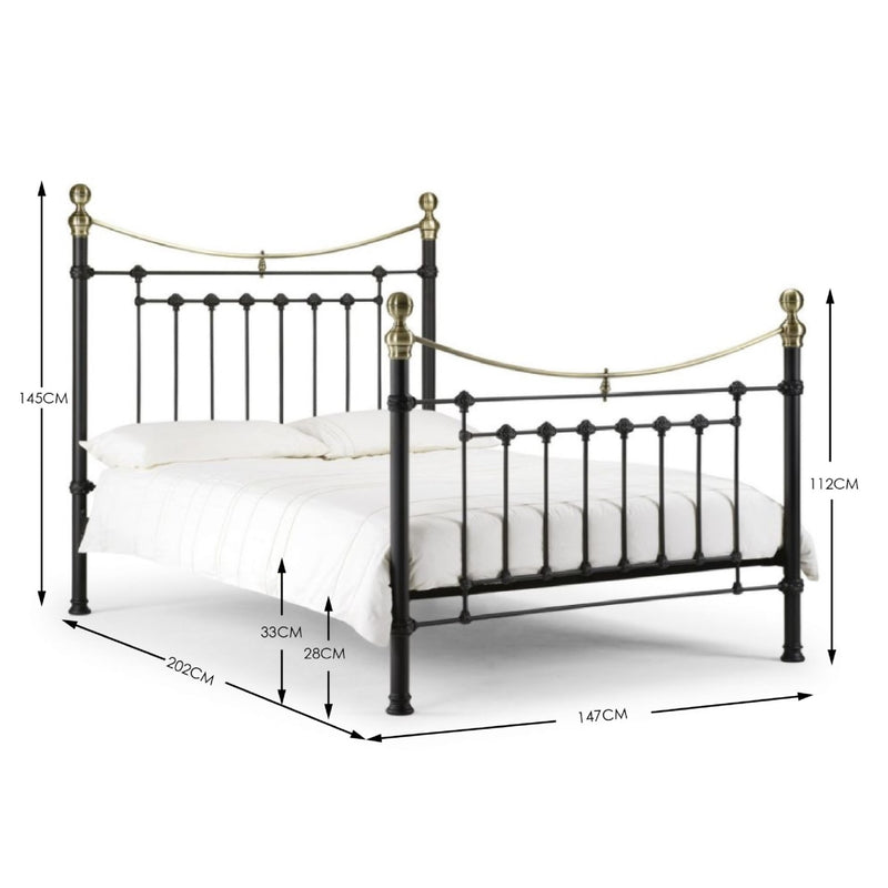 Wrought iron bed with dimensions on a white background