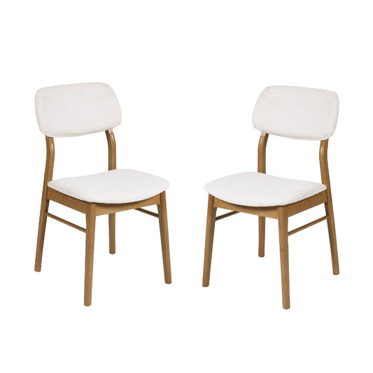 Two white cushioned chairs with wooden frames on a white background