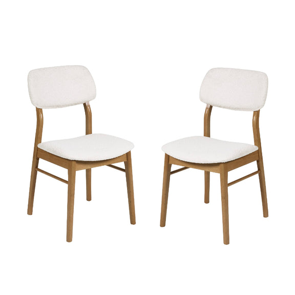 Two white cushioned chairs with wooden frames on a white background