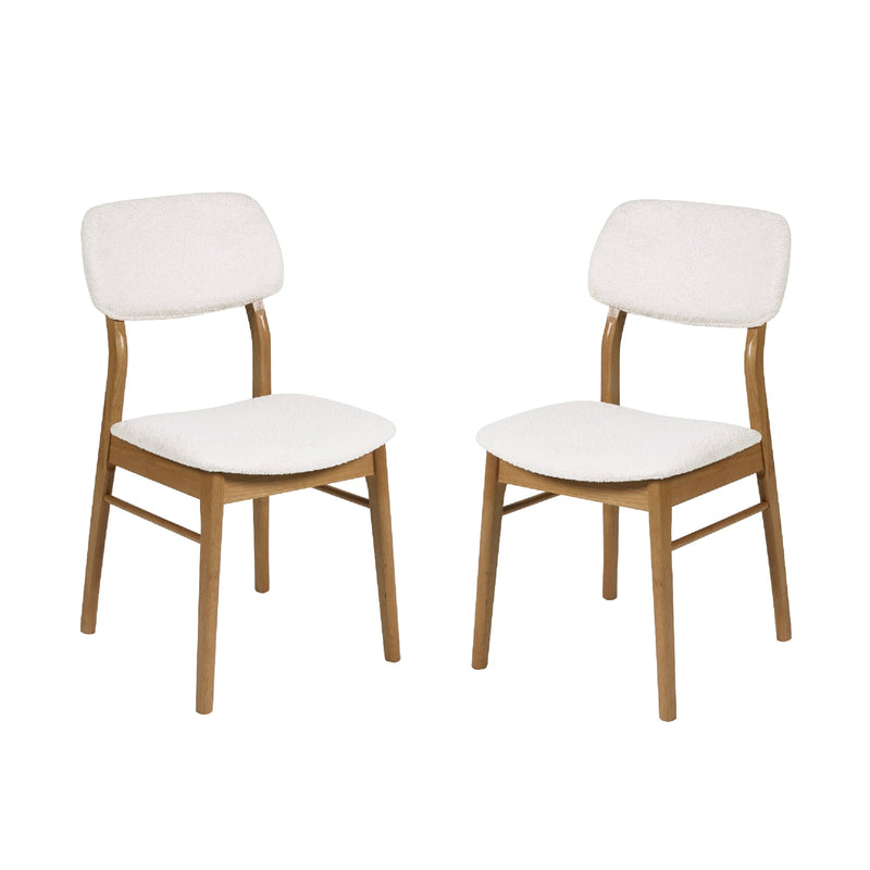 Two white cushioned chairs with wooden frames on a white background