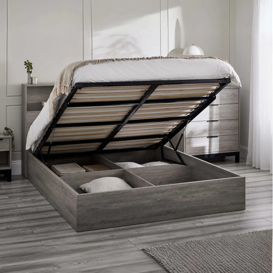 Wooden bed with storage compartments in a bedroom setting
