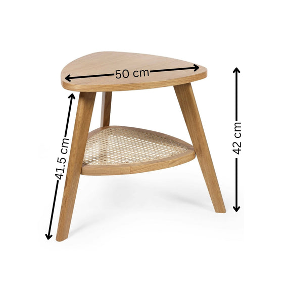 Wooden side table with dimensions labeled on a white background