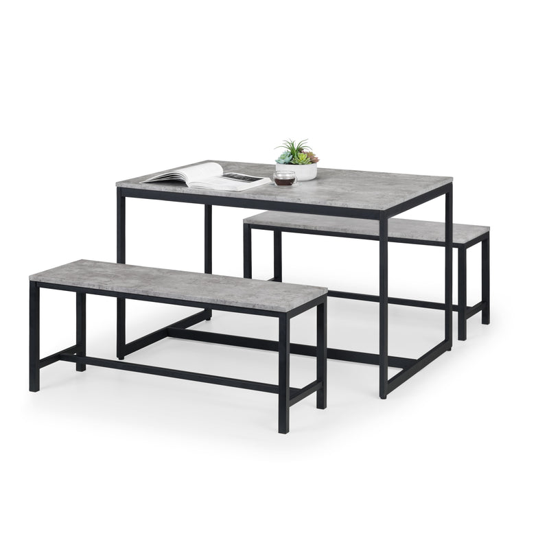 Dining table and benches set with gray concrete top and black metal frame on a white background