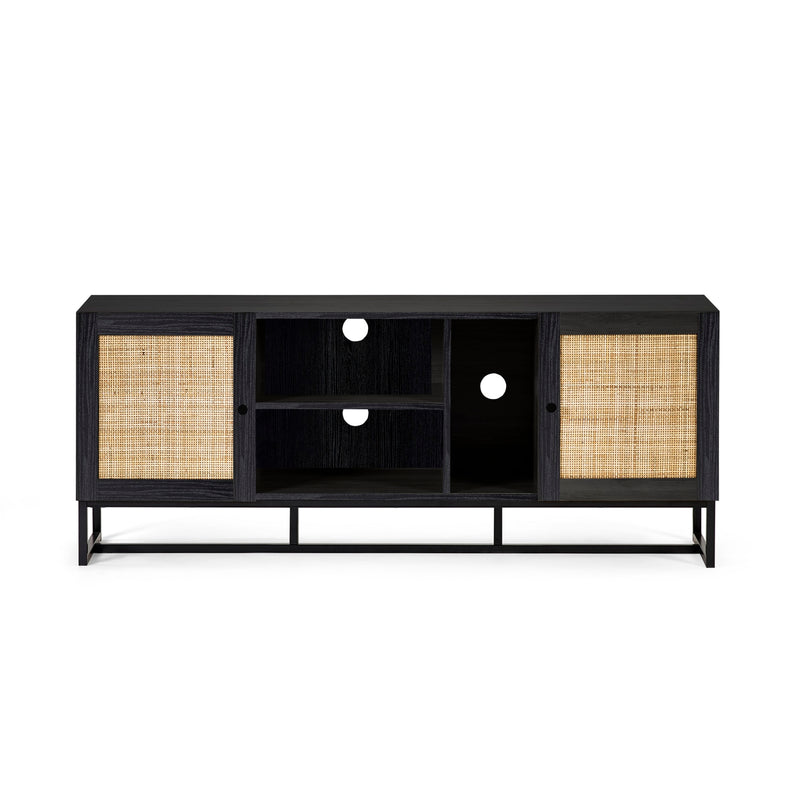 Black entertainment console with wicker doors on a white background