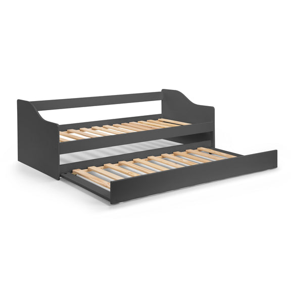 Black bed frame with wooden slats and dimensions labeled on a white background