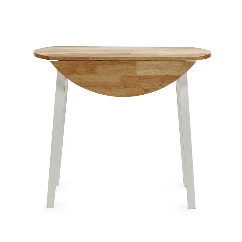 Wooden dining table with white legs on a white background