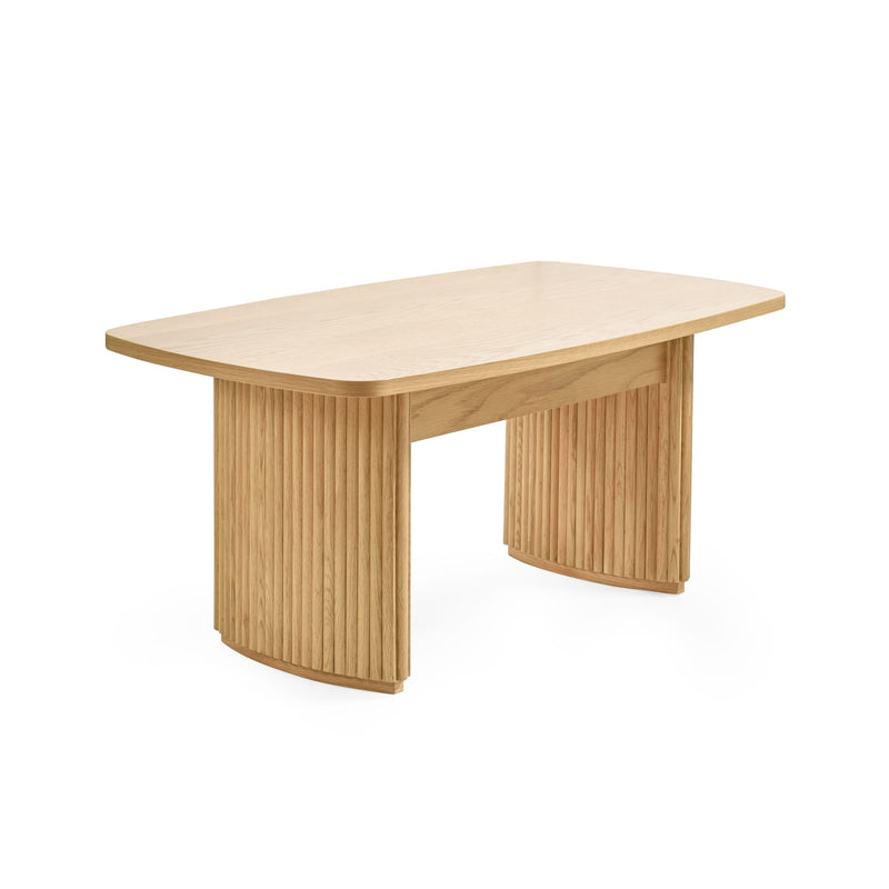 Wooden table with a modern design on a white background