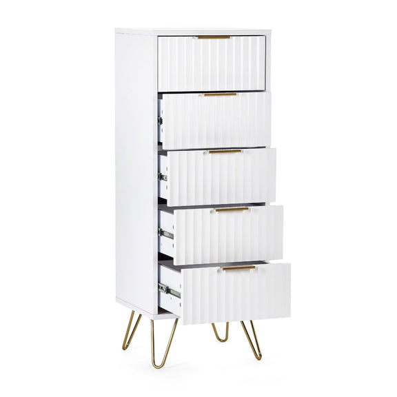 White storage cabinet with gold legs and drawers on a white background
