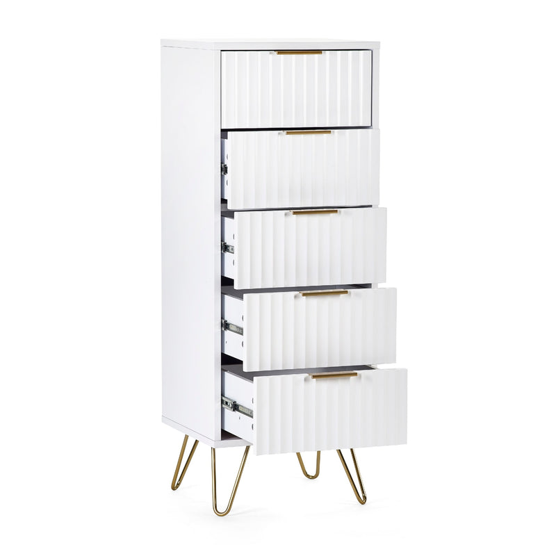 White storage cabinet with gold legs and drawers on a white background