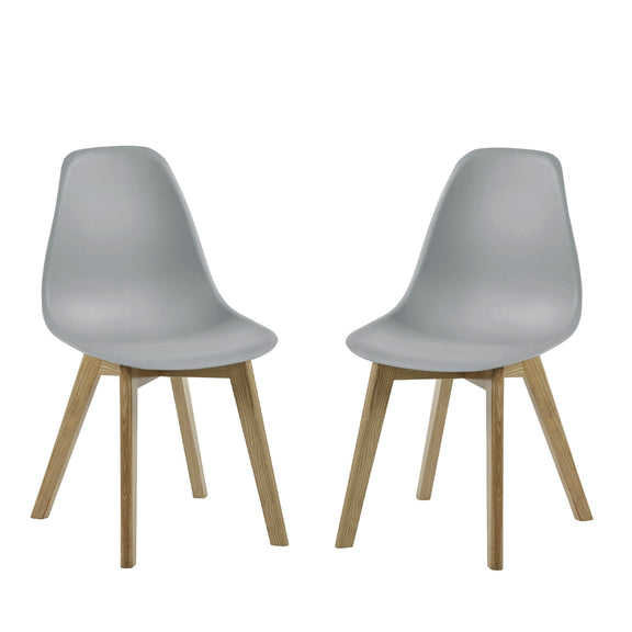 Two gray chairs with wooden legs on a white background