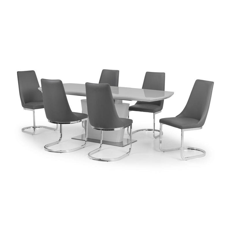 Dining table set with six gray chairs on a white background