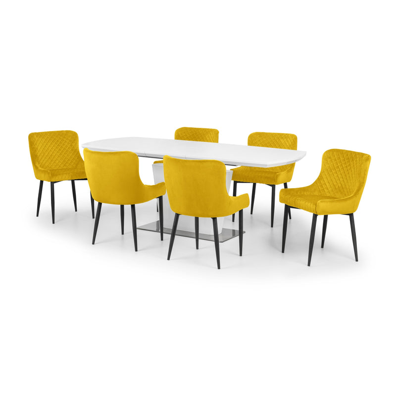 White oval table with six yellow chairs on a white background