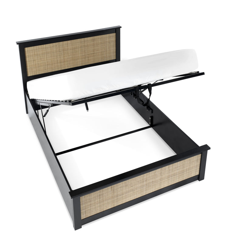 Bed frame with storage drawers on a white background