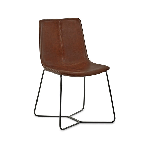 Brown leather chair with black metal legs on a white background