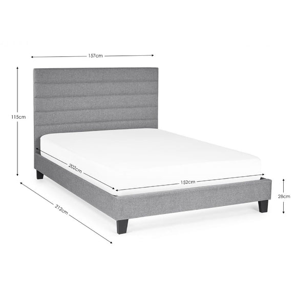 Gray upholstered bed with dimensions marked on a white background