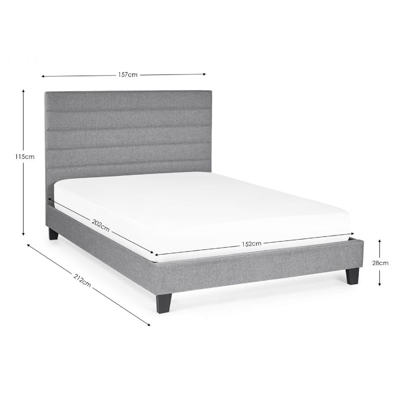 Gray upholstered bed with dimensions marked on a white background