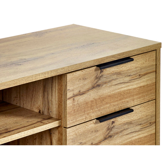 Wooden desk with two drawers and a shelf on a white background